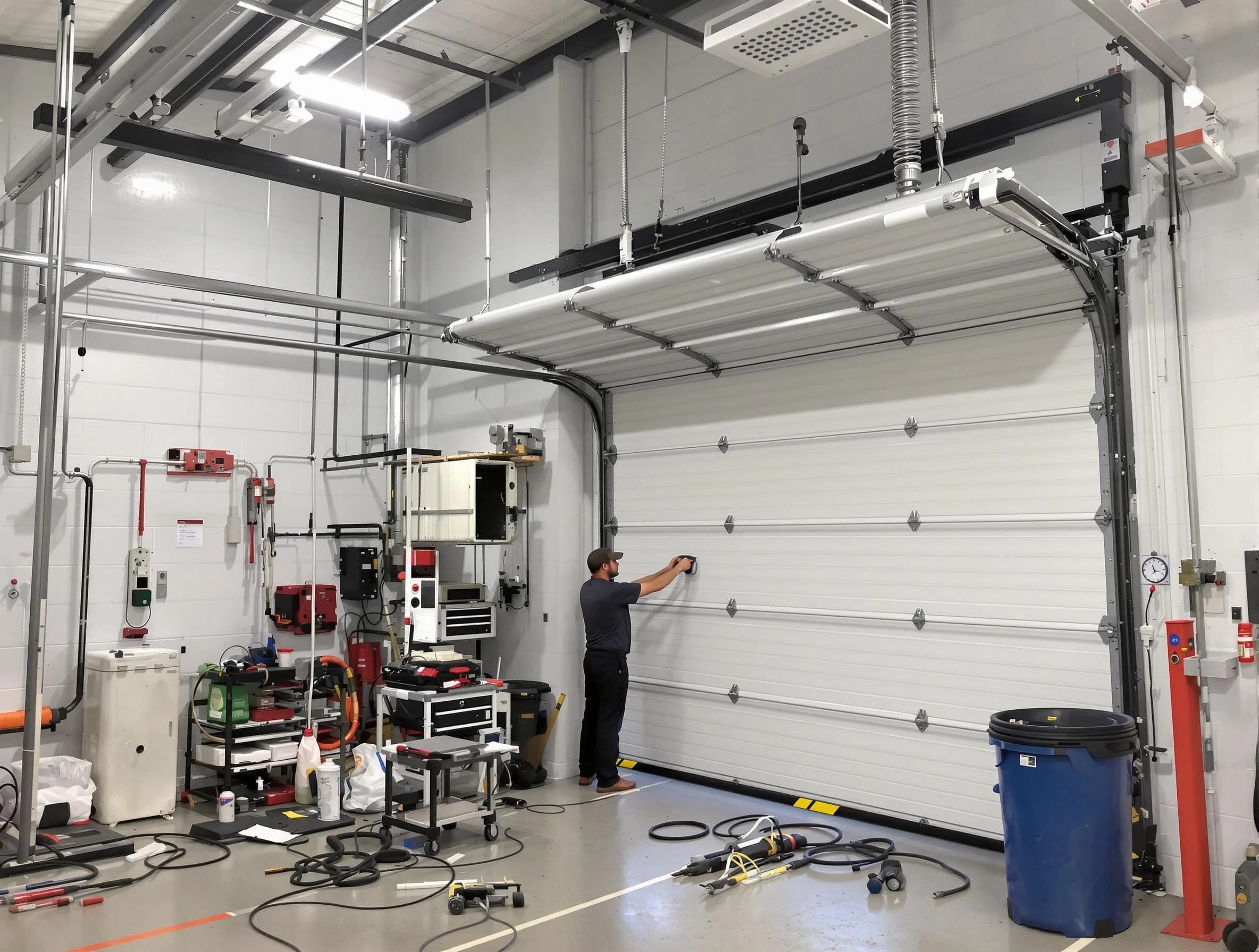 Hillsborough Garage Door Repair certified technician performing commercial door repair at a Hillsborough business facility