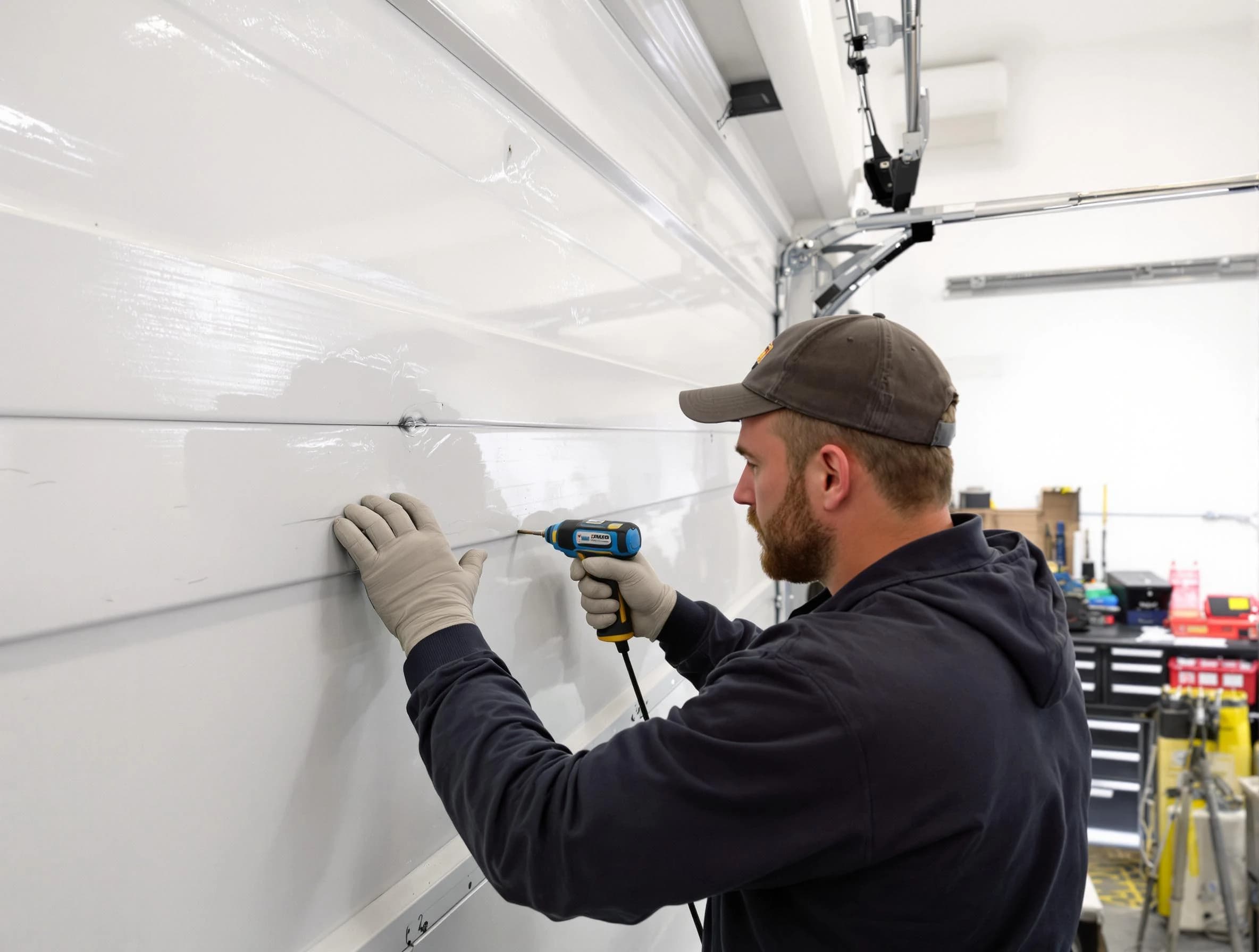 Hillsborough Garage Door Repair technician demonstrating precision dent removal techniques on a Hillsborough garage door